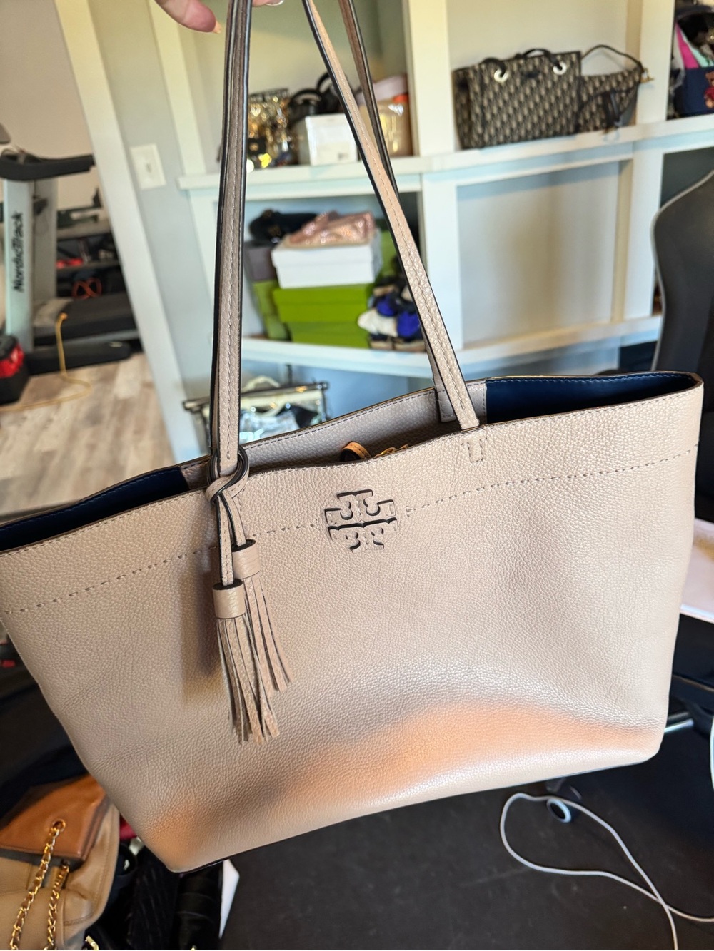 Tory Burch Taupe Pebbled Leather Tote with Tassel